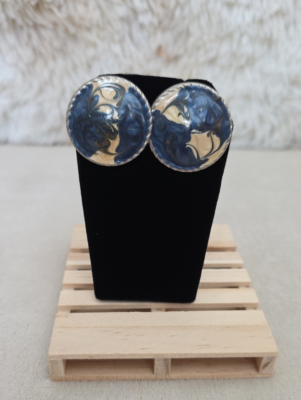 Vintage Blue Marbled Lucite Silver Tone Round Stud Earrings